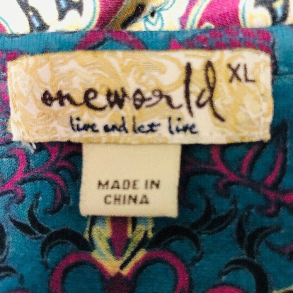 One World Tunic‎ Top V-Neck Blue Abstract Rhinestone Stretch Casual Womens XL